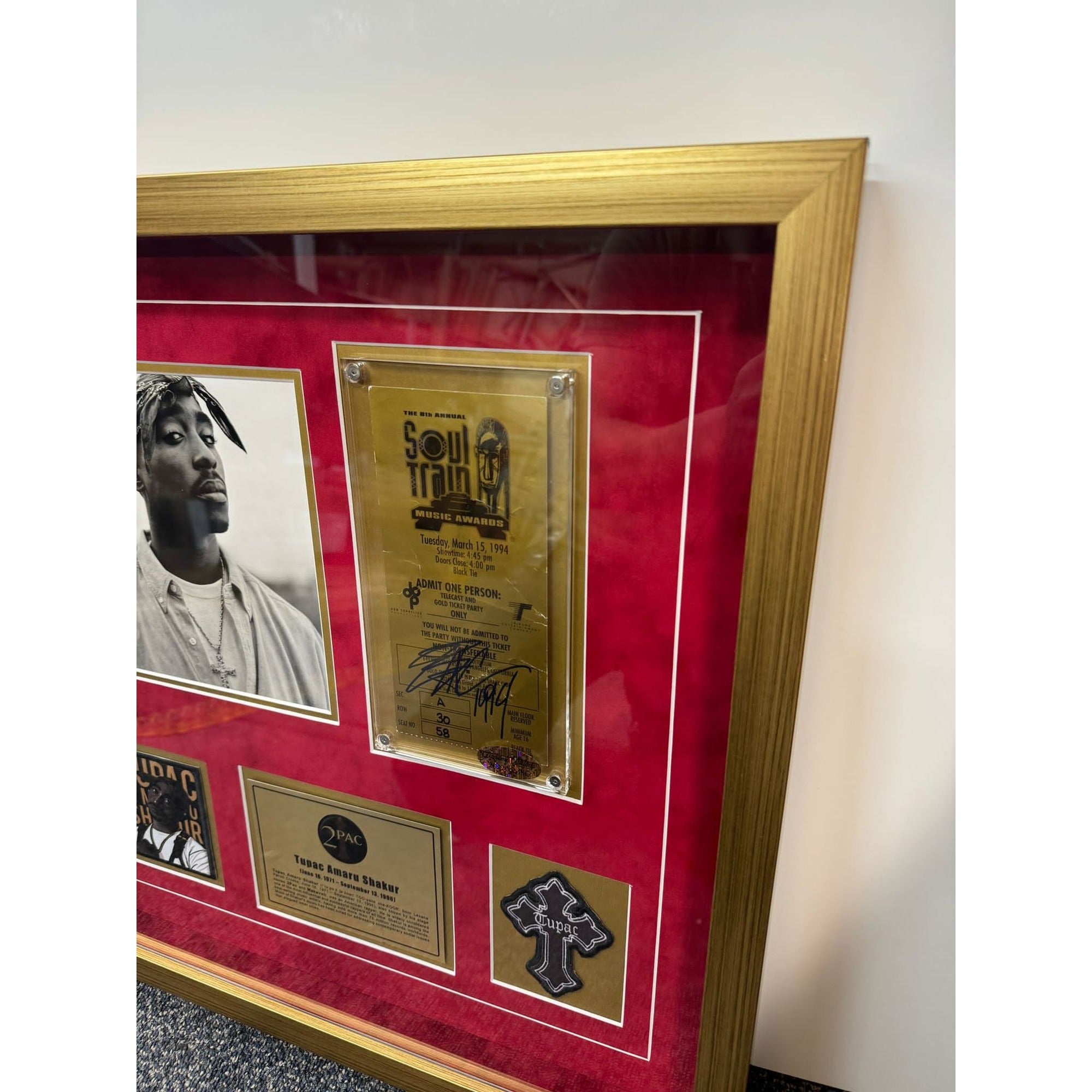 Tupac Shakur Soul Train Music Awards ticket signed framed 21x21.5"