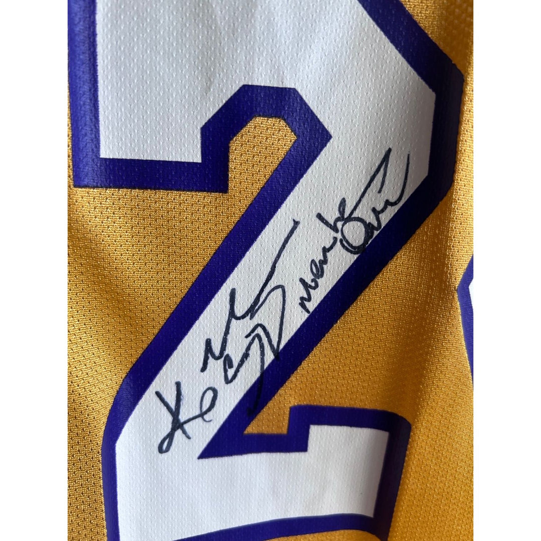 Kobe Bryant 'Mamba Out' signed and inscribed Los Angeles Lakers sixe XL Reebok jersey signed with proof