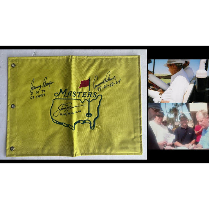 Jack Nicklaus Arnold Palmer Gary Player signed with Master's Championship inscriptions year of victory Masters pin flag with signing proof