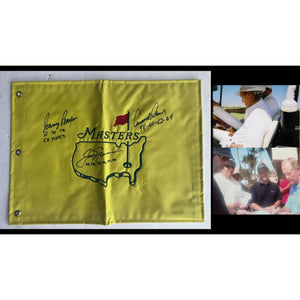 Jack Nicklaus Arnold Palmer Gary Player signed with Master's Championship inscriptions year of victory Masters pin flag with signing proof