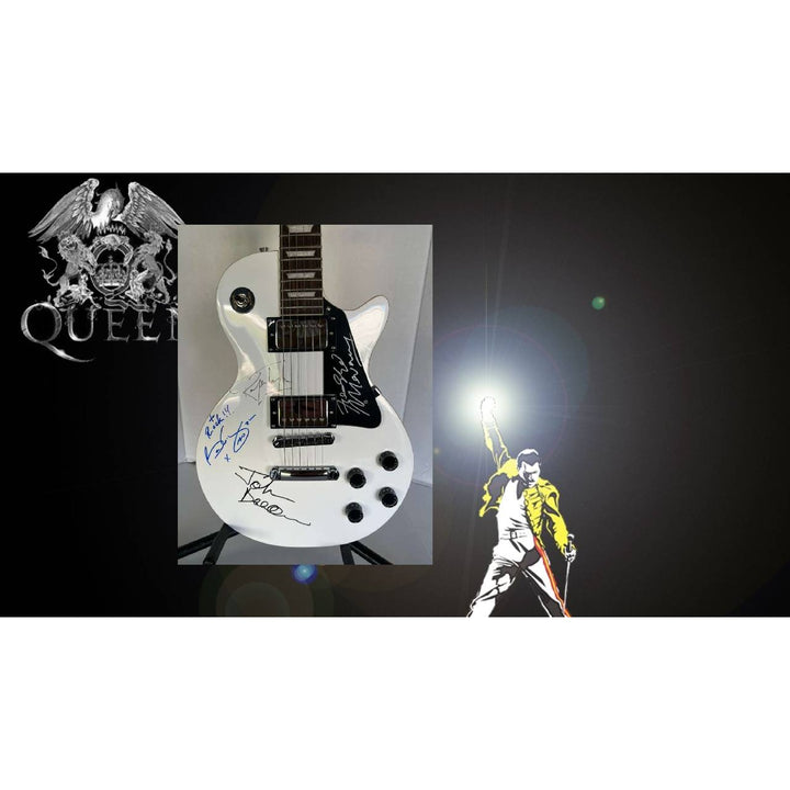 Queen Freddie Mercury, Brian May, Roger Taylor, John Deacon white les paul electric guitar signed with proof