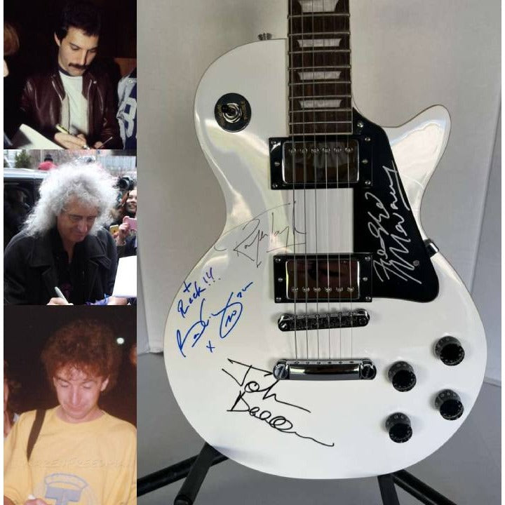 Queen Freddie Mercury, Brian May, Roger Taylor, John Deacon white les paul electric guitar signed with proof