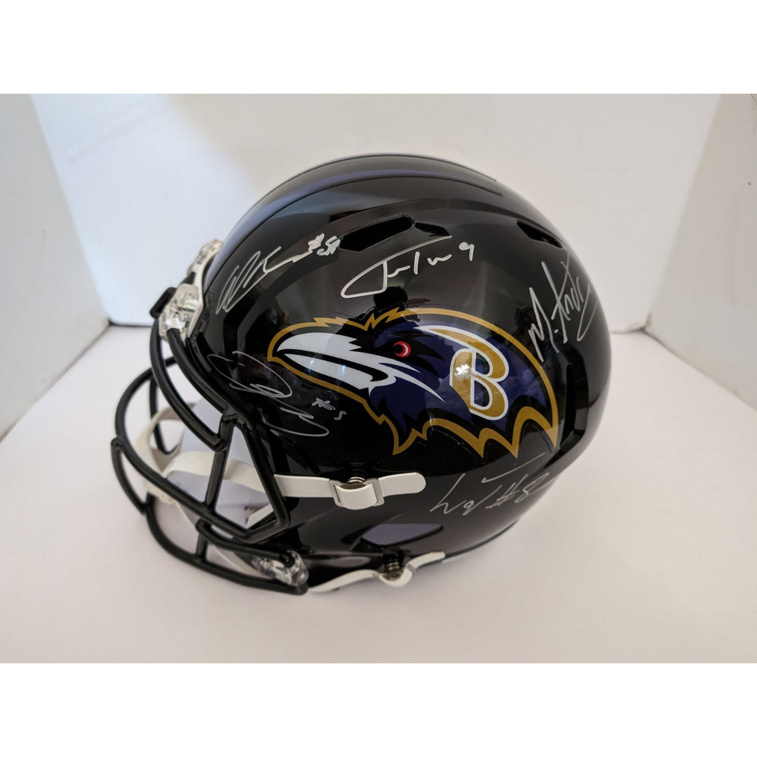 Baltimore Ravens Lamar Jackson Odell Beckham, Mark Andrews, Justin Tucker, Gus Edwards full size helmet signed with proof