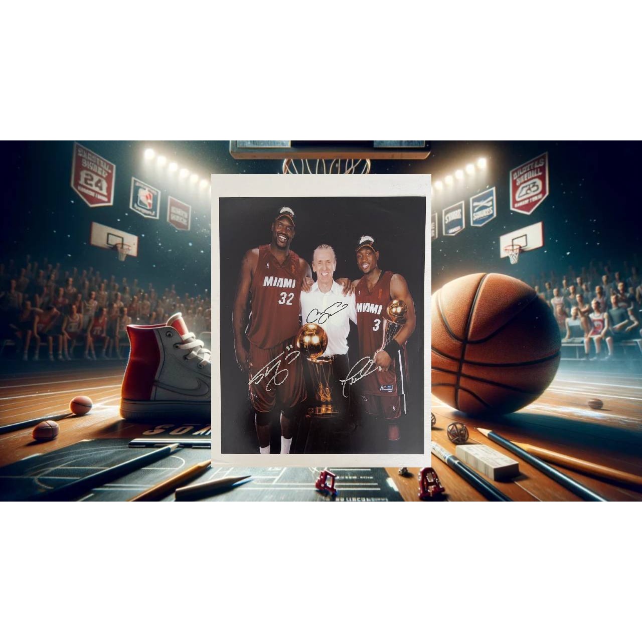 Pat Riley Dwyane Wade Shaquille O'Neal Miami Heat NBA champion 16x20 photo signed with proof