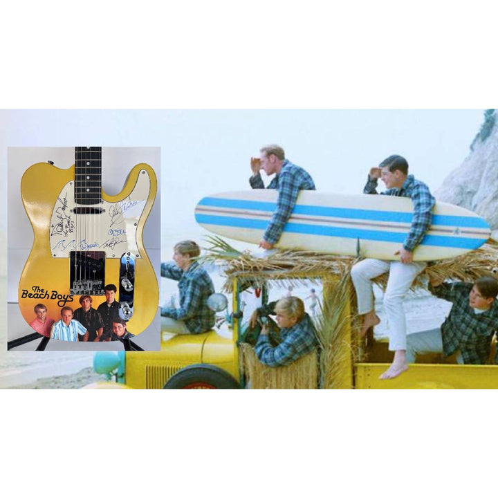 The Beach Boys full size telecaster electric guitar Brian Wilson, Mike Love, Al Jardine, David Marks  Bruce Johnston (sketch, waves) & proof.