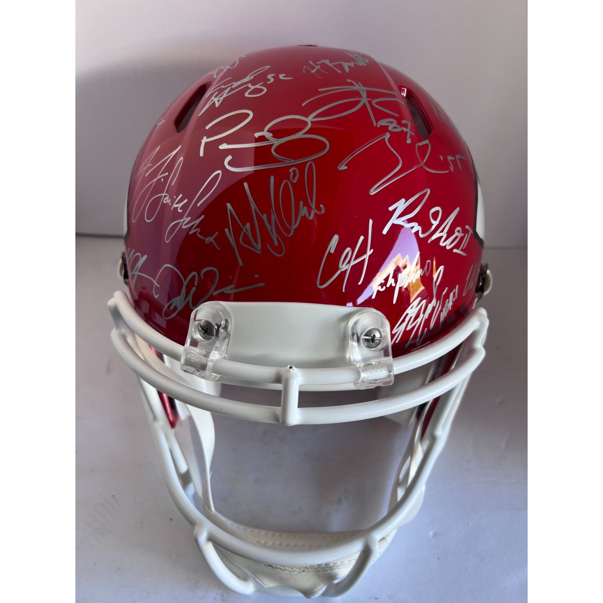 Patrick Mahomes Travis Kelce Andy Reid 2022-23 Super Bowl champion Kansas City Chiefs Riddell Speed Authentic team signed helmet signed