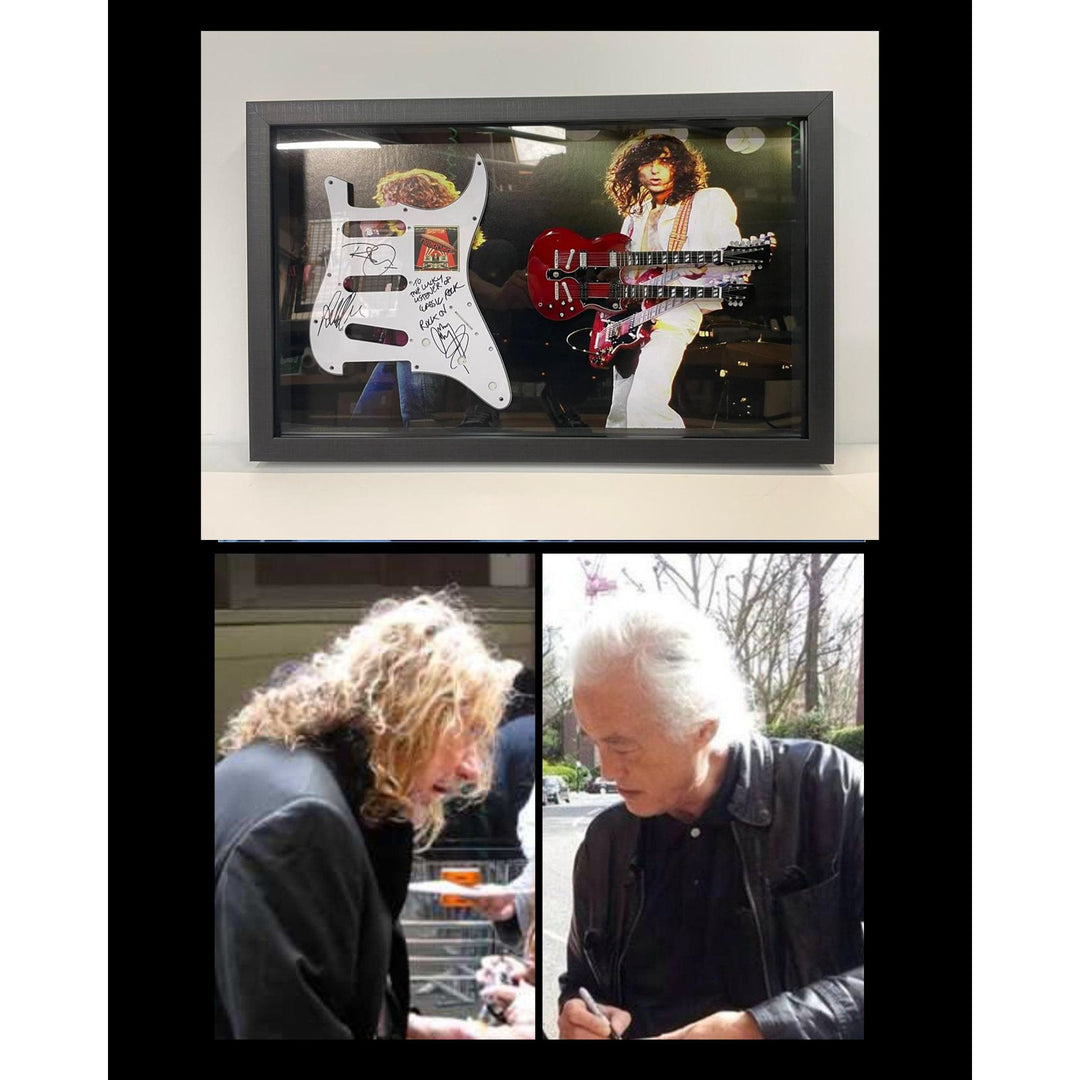 Led Zeppelin Robert Plant Jimmy Page John Paul Jones electric guitar pickguard signed and framed 15'x21"with proof