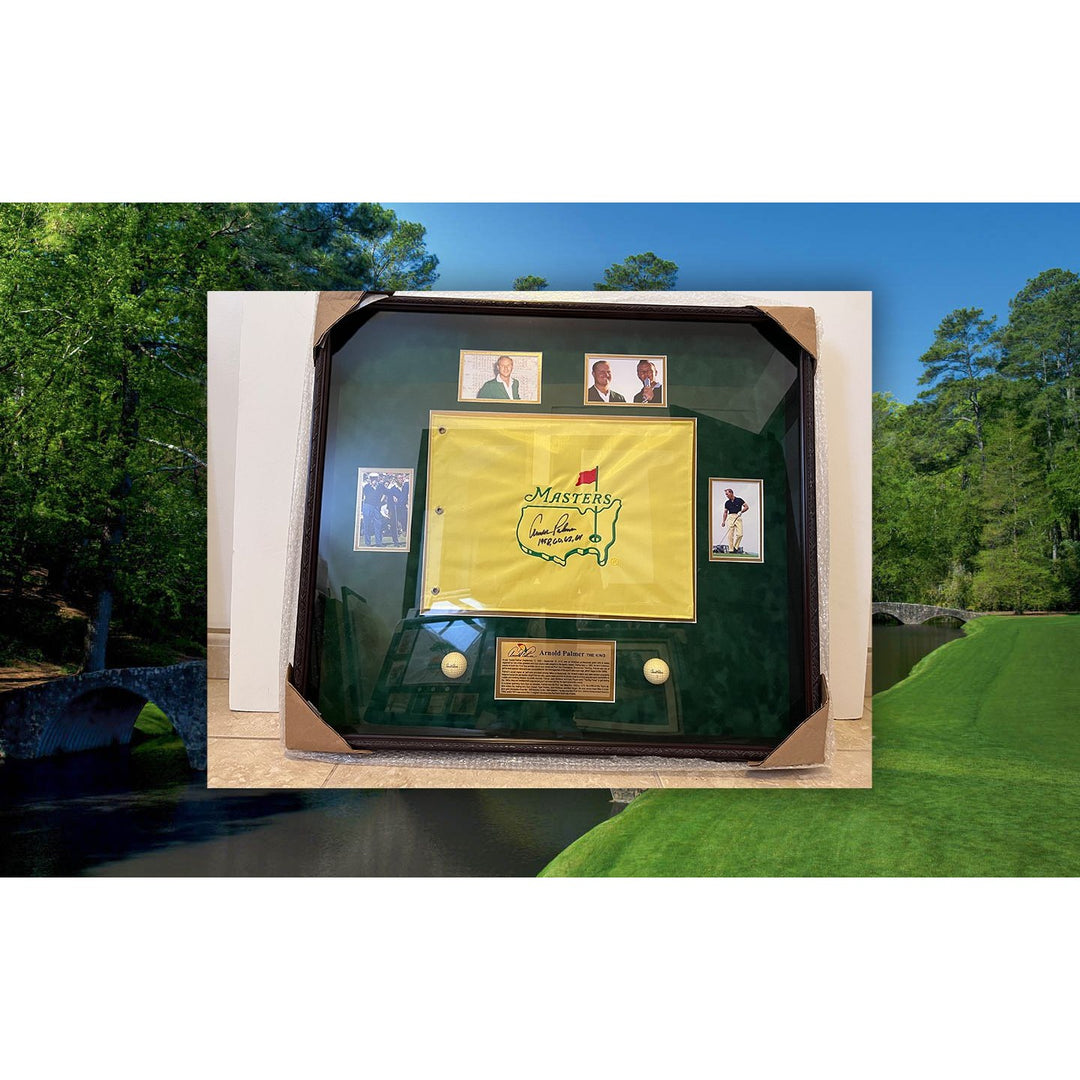 Arnold Palmer Masters pin flag framed 30x34 signed and inscribed with proof