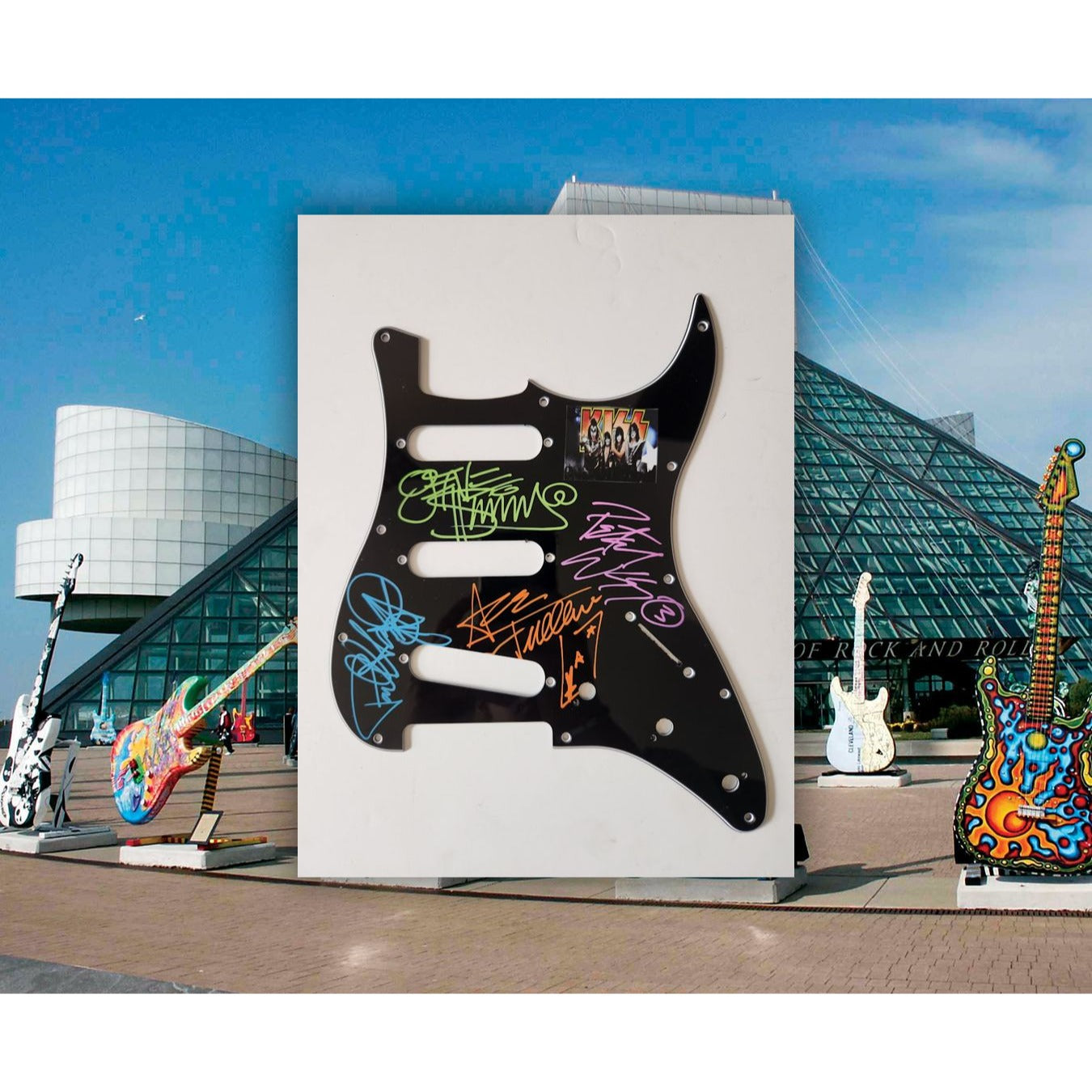 Gene Simmons Ace Frehley Peter Criss Paul Stanley Kiss Fender Stratocaster electric pickguard signed with proof