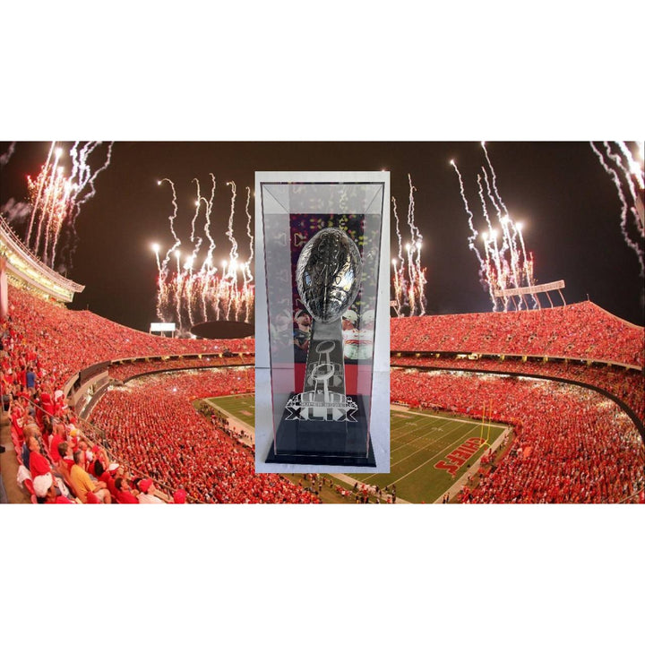 Kansas City Chiefs Patrick Mahomes Andy Reid Travis Kelce 2022-23 Super Bowl champions team signed Lombardi Trophy with 8x22 acrylic case