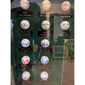 Masters Champions golf balls 44 in all Tiger Woods, Jack Nicklaus, Ben Hogan, Arnold Palmer framed and signed
