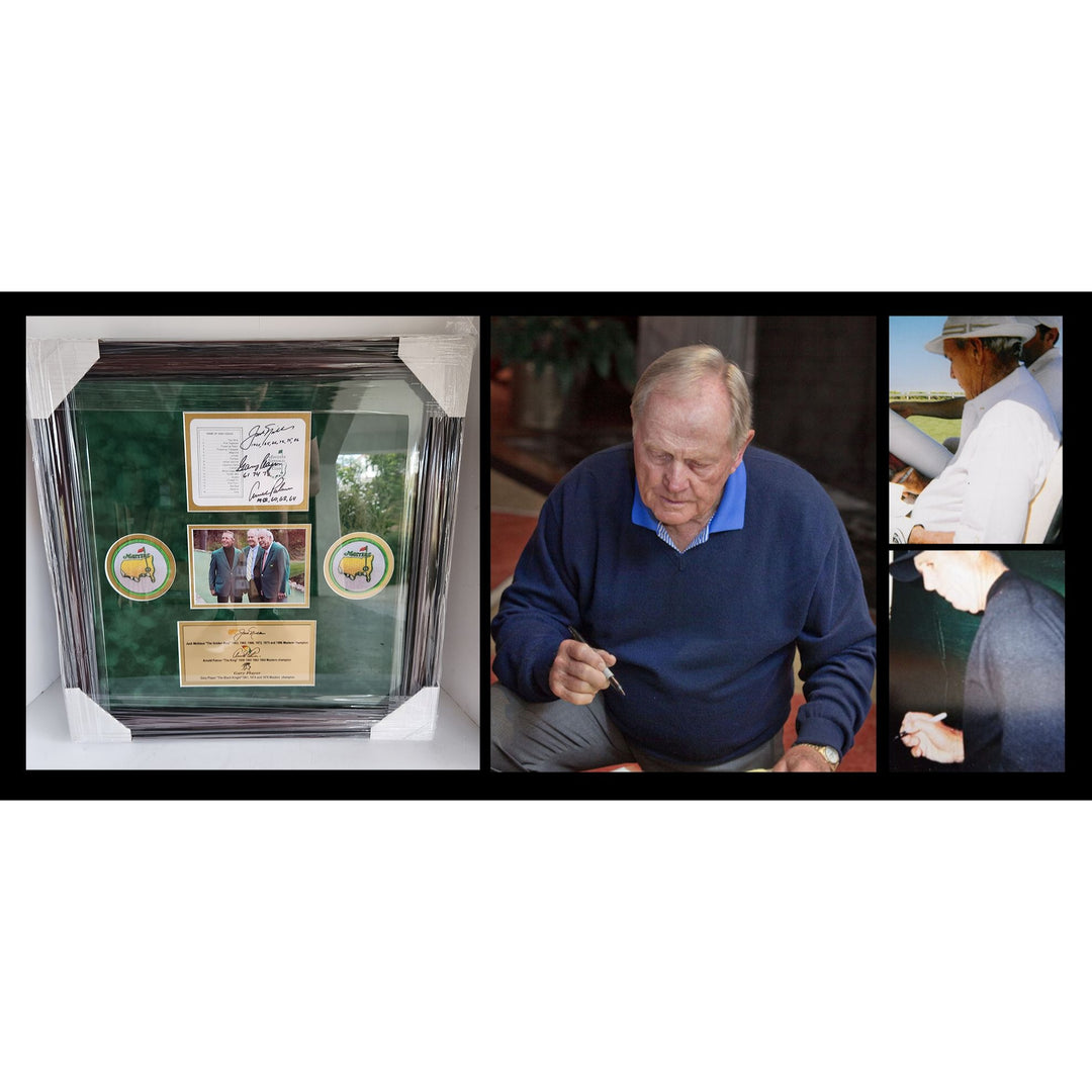 Jack Nicklaus Arnold Palmer Gary Player Masters Golf scorecard signed and framed 23.5x22.5 with proof