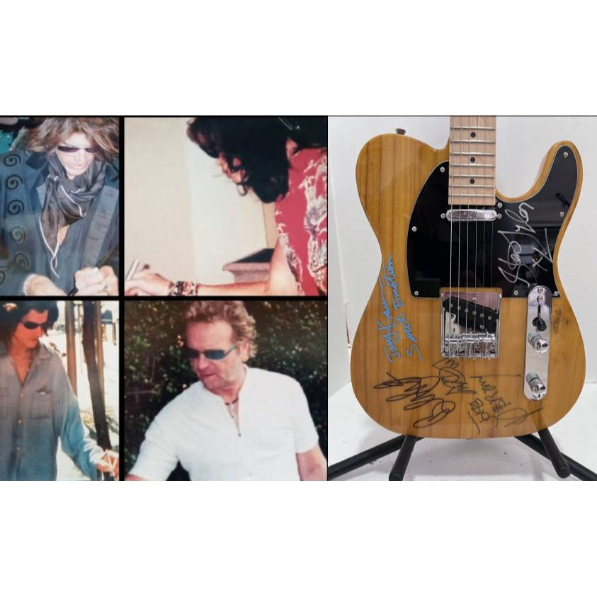 Aerosmith Steven Tyler Joe Perry Joey Kramer Brad Whitford butterscoth telecaster electric guitar signed with proof