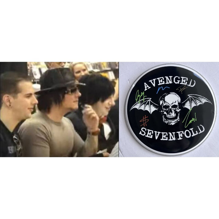 Avenged Sevenfold M. Shadows, Zacky Vengeance, Synyster Gates, Johnny Christ, Brooks Wackerman drumhead signed with proof