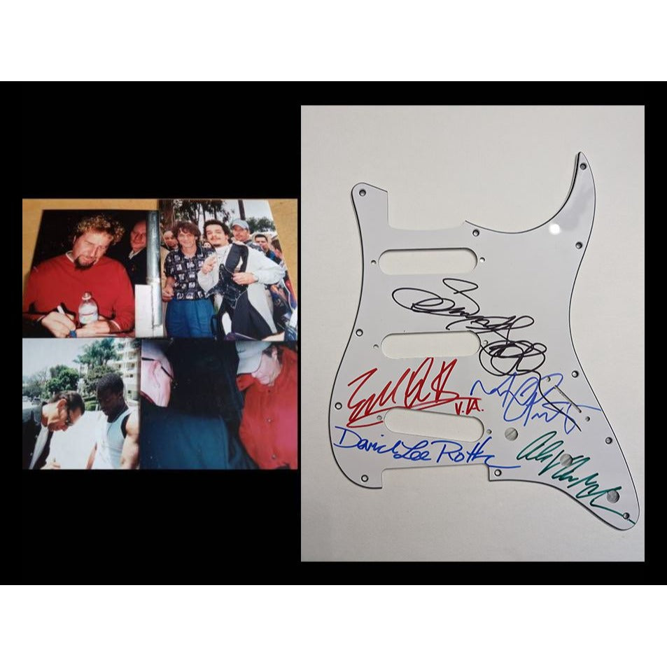 Eddie Van Halen David Lee Roth Sammy Hagar Michael Anthony Alex Van Halen Fender Stratocaster electric guitar pickguard signed with proof