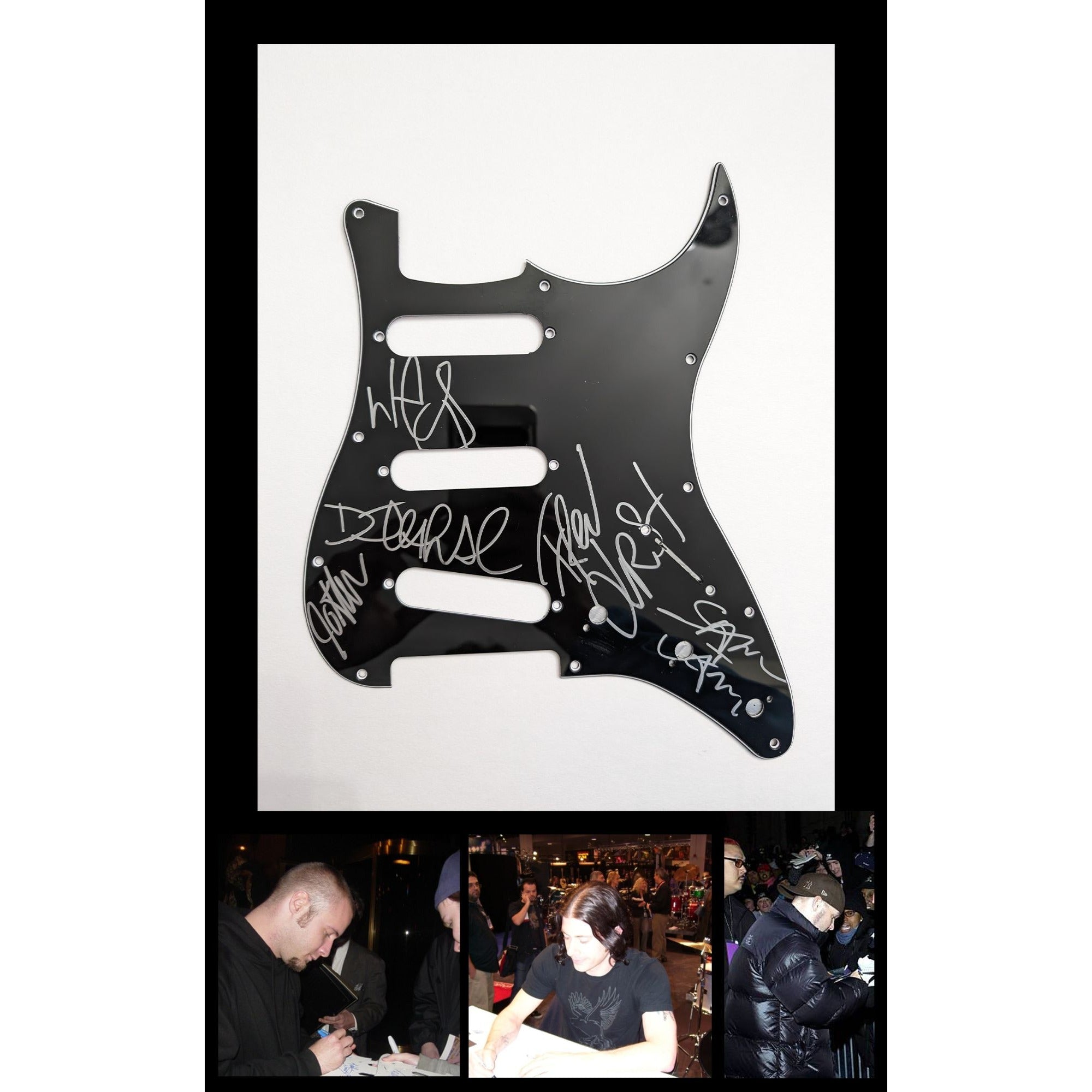 Limp Bizkit Fred Durst, Wes Borland, Sam Rivers, DJ Lethal and John Otto stratocaster electric guitar pickguard signed with proof