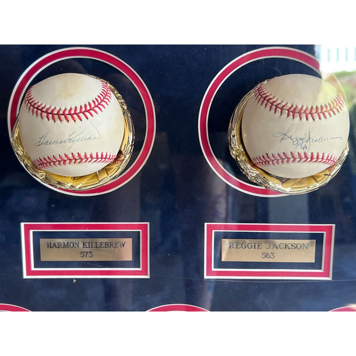 Willie Mays Mickey Mantle Ted Williams 14 MLB baseballs signed by 500 home run hitters 48x42 in frame