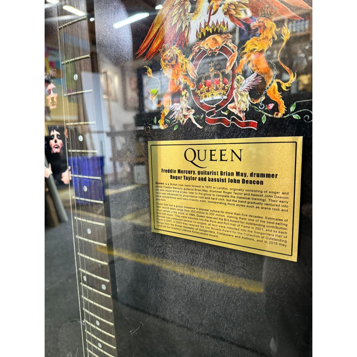 Freddie Mercury Brian May Roger Taylor John Deacon Queen guitar signed with proof and Museum quality frame