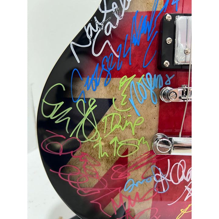 British Rock Legends 25 plus one of a kind electric guitar Coldplay, Amy Winehouse George Michael Morrissey Robert Smith signed with proof