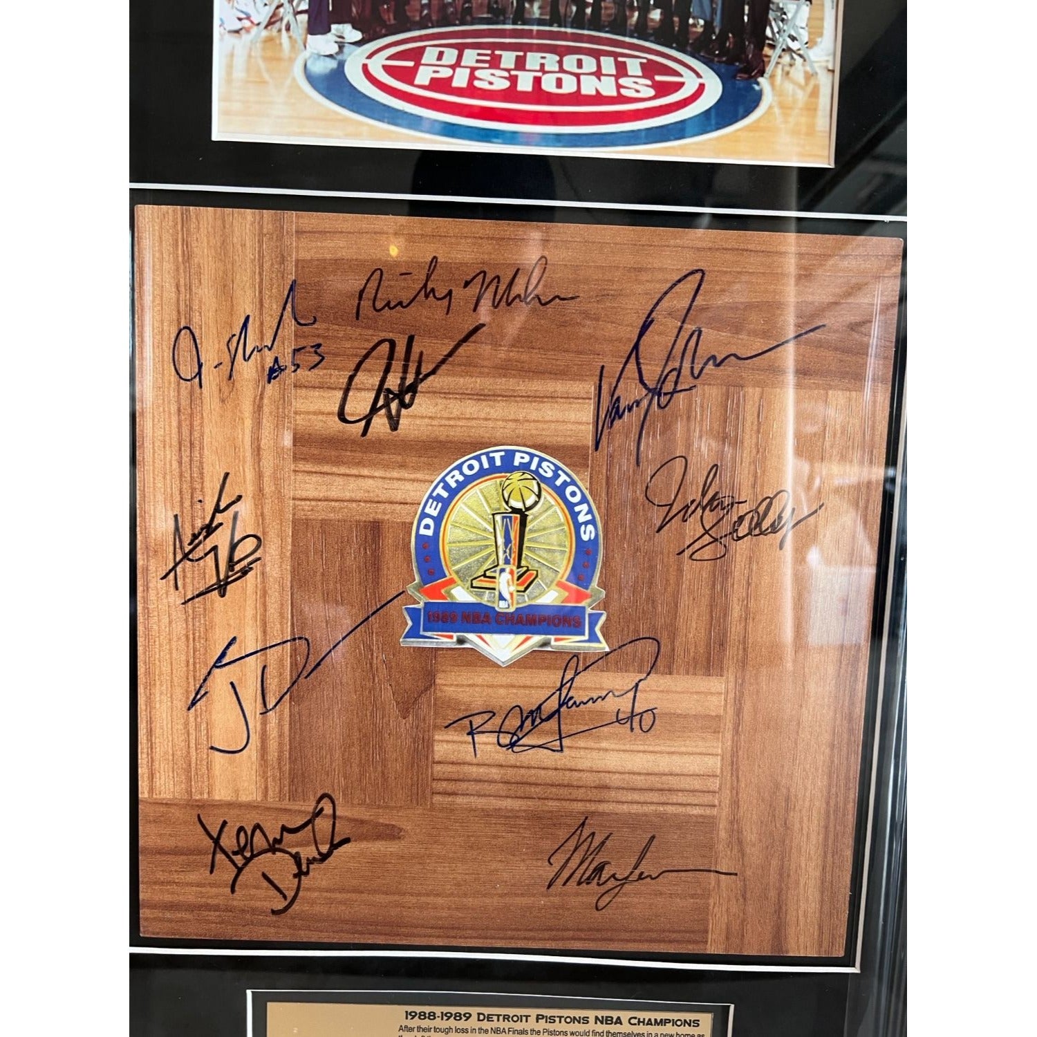 Isaiah Thomas Joe Dumars Vinnie Johnson 1989 Detroit Pistons NBA champions team signed parquet floorboard signed and framed 32x18
