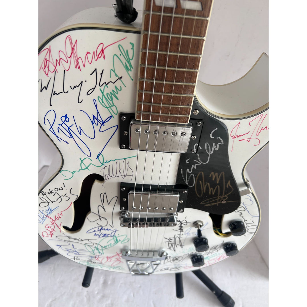 Rock and Roll icons Roger Waters, Eddie Van Halen, Bob Dylan, Robert Plant, Roonie Wood hollow body electric guitar signed with proof