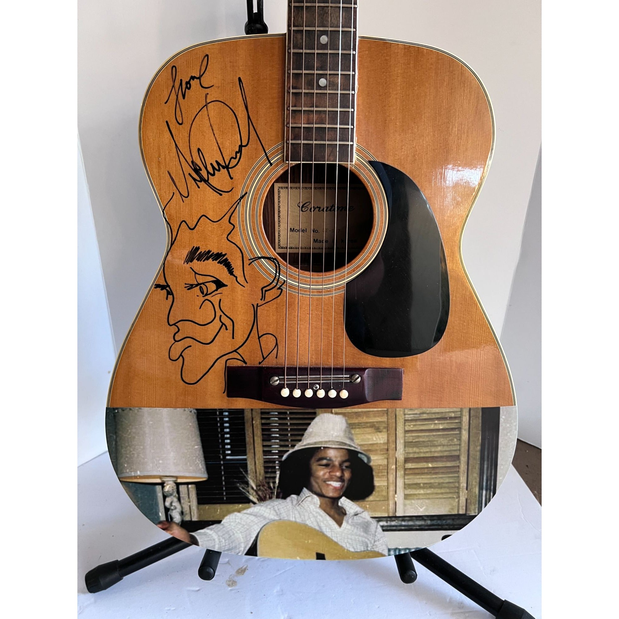 Michael Jackson with hand sketch One of A kind 39' inch full size acoustic guitar signed
