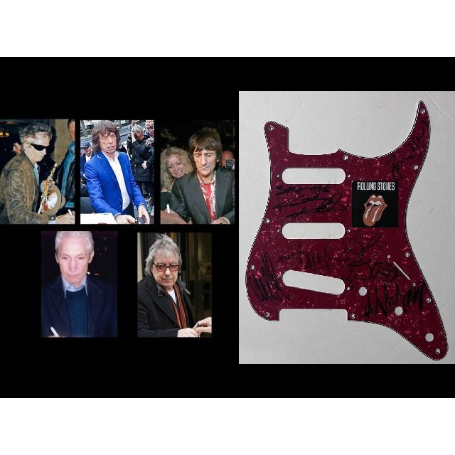 Rolling Stones Mick Taylor Charlie Watts Bill Wyman Ronnie Wood Keith Richards Mick Jagger Stratocaster electric pickguard signed with proof