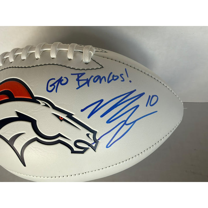 Denver Broncos John Elway & Bo Nix full size football signed with photo proof full provenance & CHAT GPT Authentication analysis.