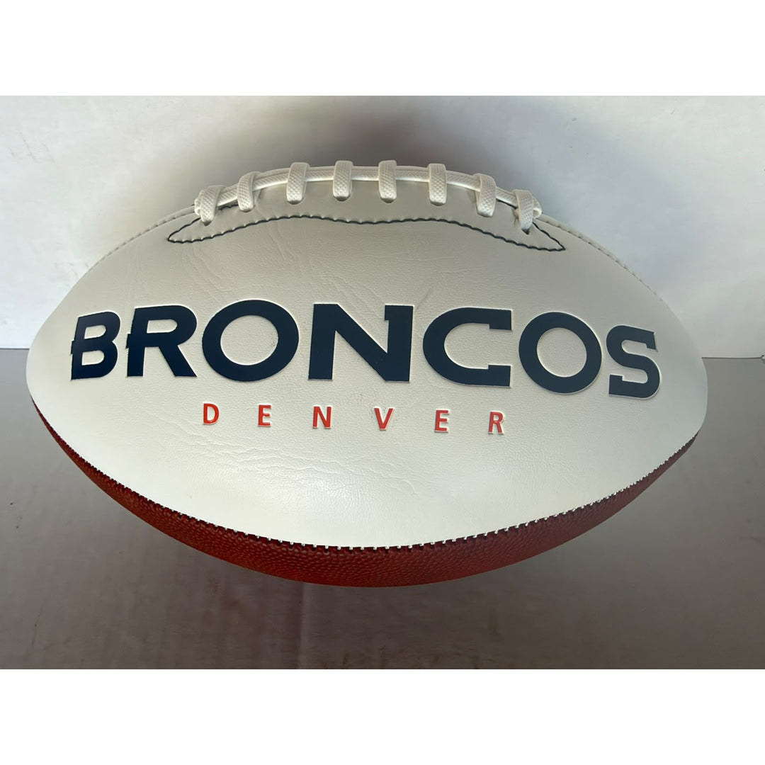Denver Broncos John Elway & Bo Nix full size football signed with photo proof full provenance & CHAT GPT Authentication analysis.