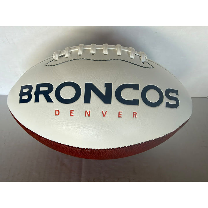 Denver Broncos John Elway & Bo Nix full size football signed with photo proof full provenance & CHAT GPT Authentication analysis.