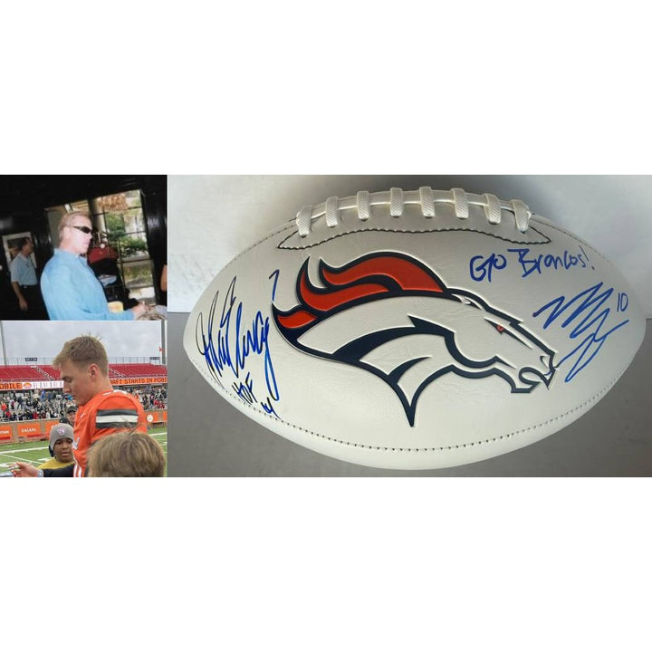 Denver Broncos John Elway & Bo Nix full size football signed with photo proof full provenance & CHAT GPT Authentication analysis.