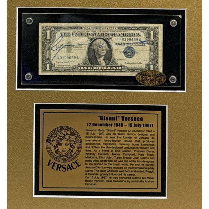 Gianni Versace US Dollar bill signed with proof 17x31.