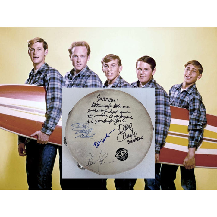 Beach Boys  Brian Wilson, Mike Love, Al Jardine, David Roberts (with lyrics) & proof tambourine 10' signed with proof.
