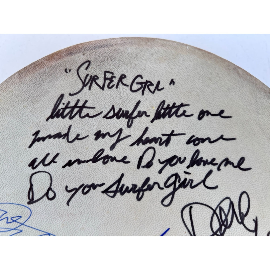 Beach Boys  Brian Wilson, Mike Love, Al Jardine, David Roberts (with lyrics) & proof tambourine 10' signed with proof.