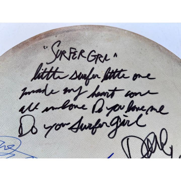 Beach Boys  Brian Wilson, Mike Love, Al Jardine, David Roberts (with lyrics) & proof tambourine 10' signed with proof.