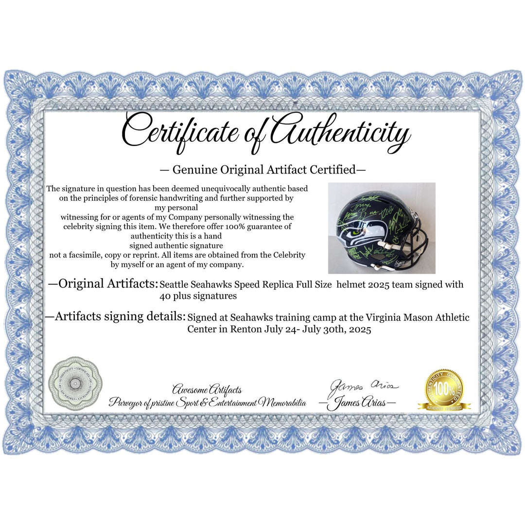 Seattle Seahawks Speed Replica Full Size  helmet 2025 team signed with 40 plus signatures