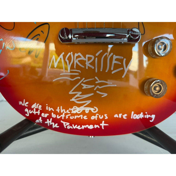 Thom Yorke Radiohead Chris Martin Coldplay and Patrick Morrisey with sketch vintage Cherry les paul guitar signed with proof