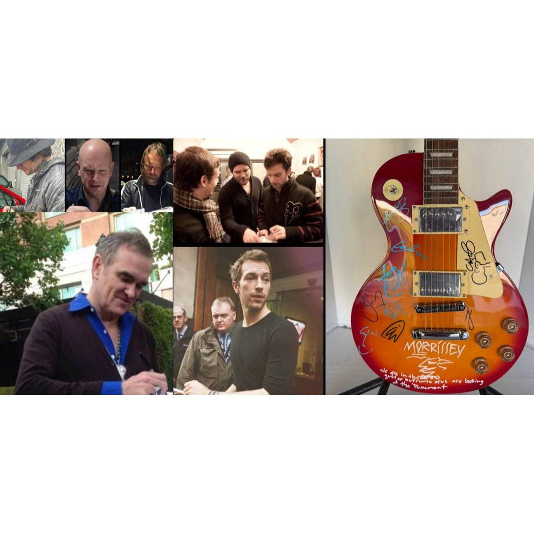 Thom Yorke Radiohead Chris Martin Coldplay and Patrick Morrisey with sketch vintage Cherry les paul guitar signed with proof