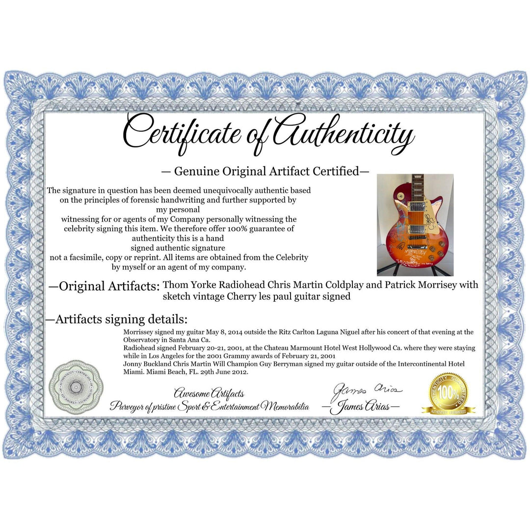 Thom Yorke Radiohead Chris Martin Coldplay and Patrick Morrisey with sketch vintage Cherry les paul guitar signed with proof