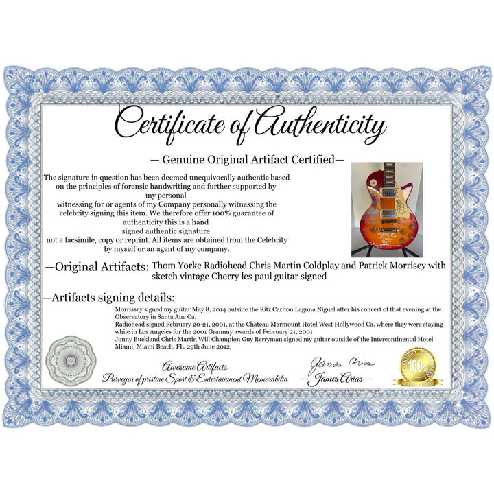 Thom Yorke Radiohead Chris Martin Coldplay and Patrick Morrisey with sketch vintage Cherry les paul guitar signed with proof