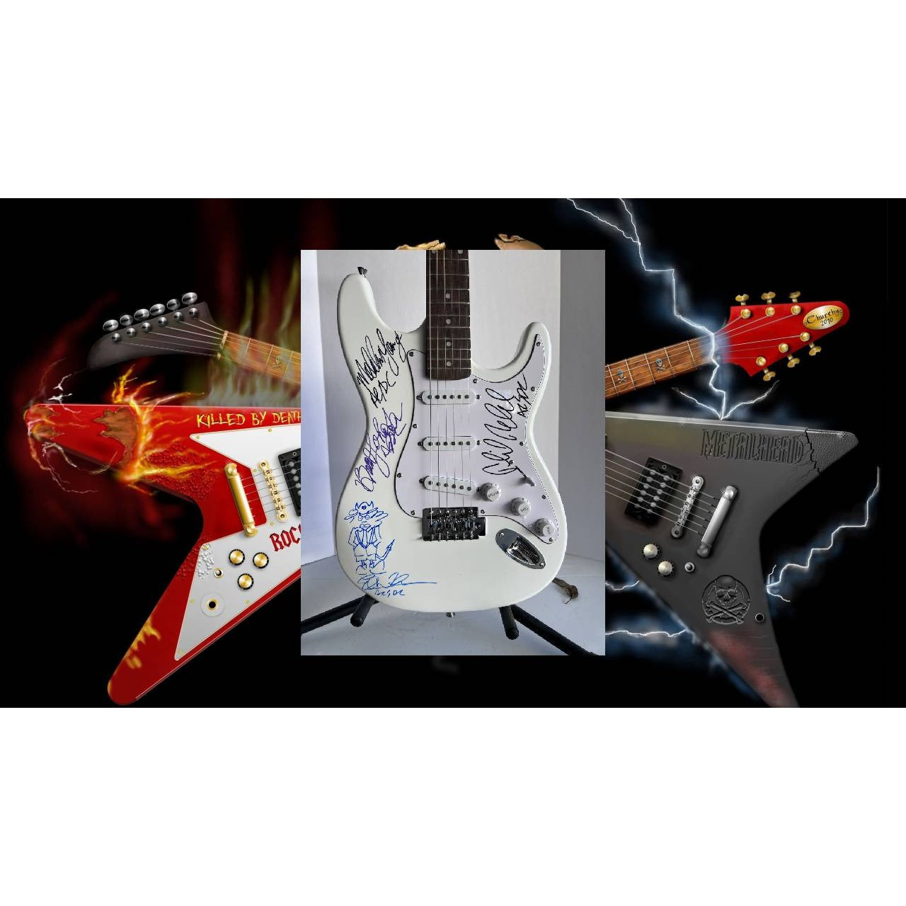 ACDC Angus and Malcolm Young Phil Rudd Brian Johnson Cliff Williams full size Stratocaster electric guitar signed with proof