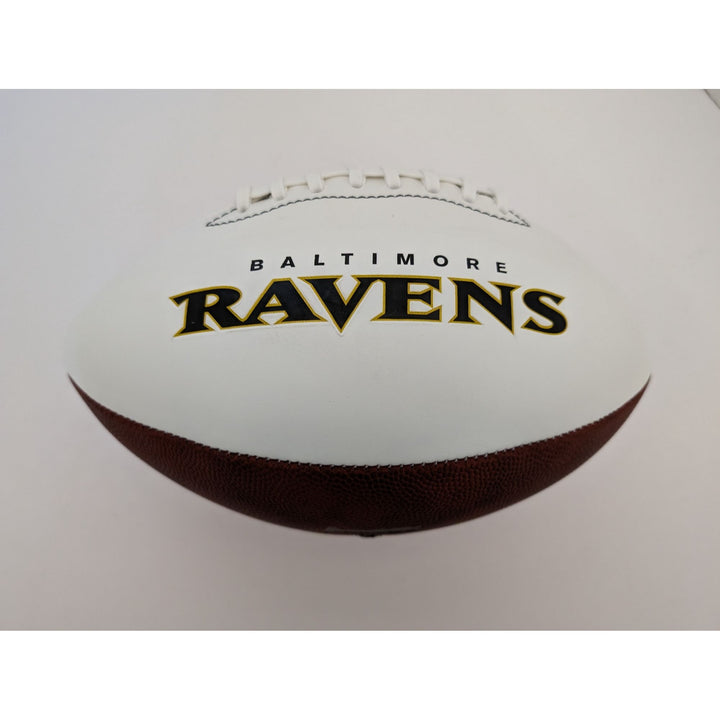 Baltimore Ravens Lamar Jackson Odell Beckham, Mark Andrews, Justin Tucker, Gus Edwards full size football signed with proof and free acrylic