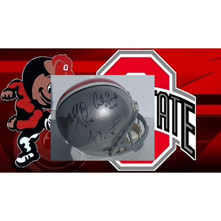 Ohio State Buckeyes Heisman Trophy award winners Eddie George Archie Griffin and Troy Smith Riddell replica full size helmet signed