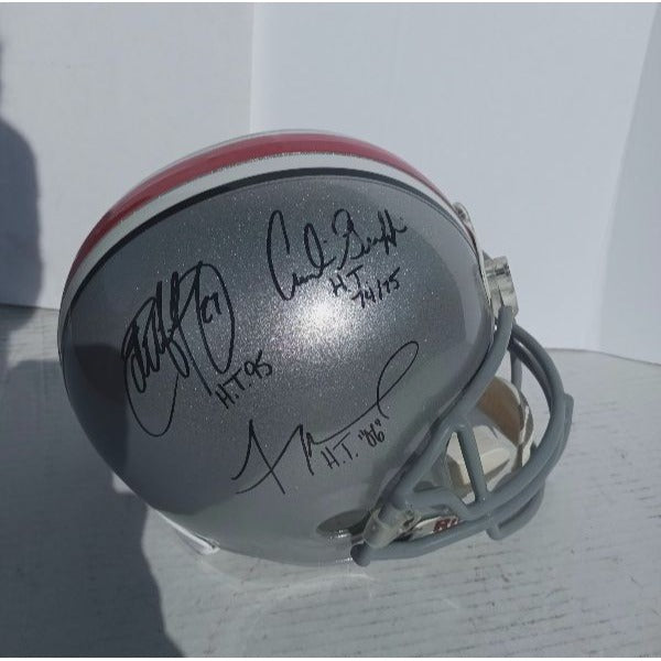 Ohio State Buckeyes Heisman Trophy award winners Eddie George Archie Griffin and Troy Smith Riddell replica full size helmet signed