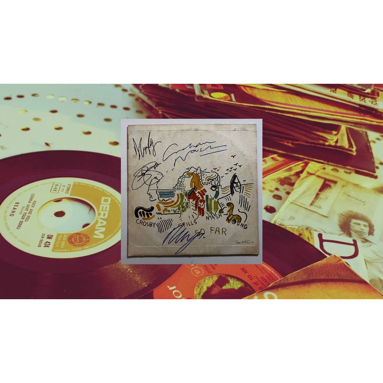 CSNY David Crosby Stephen Stills Graham Nash Neil Young "So Far" original LP signed with proof