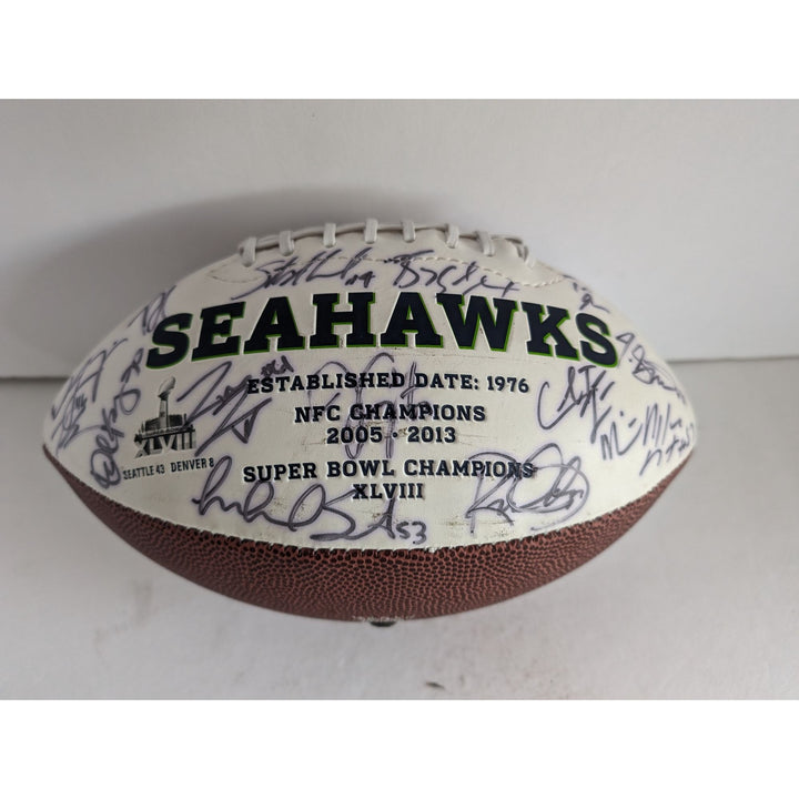 Seattle Seahawks Marshawn Lynch Russell Wilson Richard Sherman Bobby Wagner Super Bowl champions team signed football