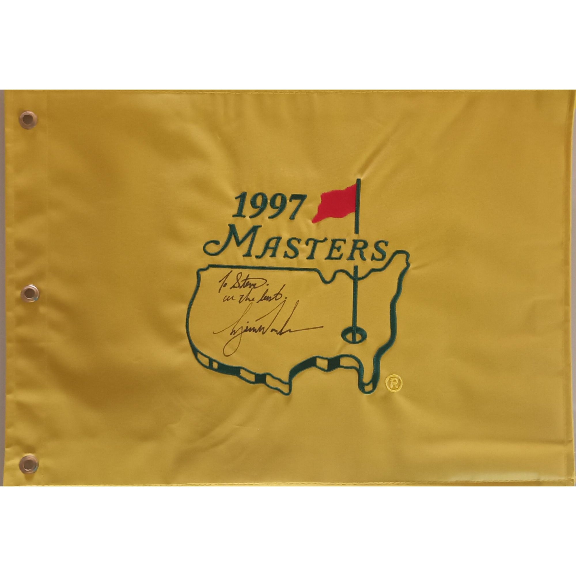Tiger Woods "To Steve all the best" 1997 Masters Golf pin flag signed with proof
