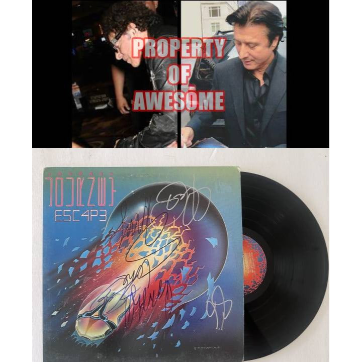 Neal Schon, Ross Valory, Jonathan Cain, Greg Rowley Steve Perry Journey complete band Escape album signed with proof