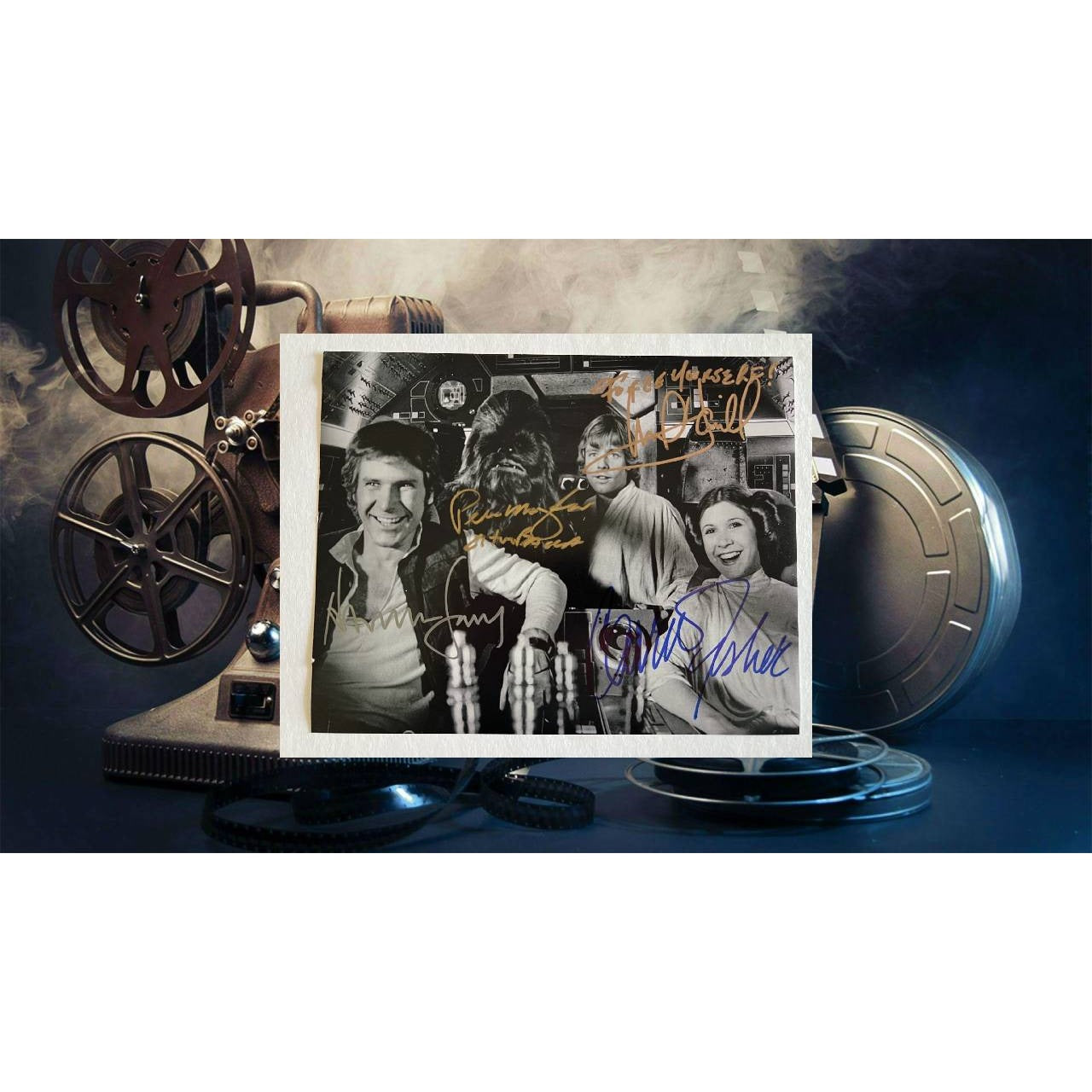 Star Wars Harrison Ford Mark Hamell Carrie Fisher and Peter Mayhew 8x10 photo signed with proof