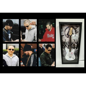 Linkin Park Chester Bennington,  Mike Shinoda,  Brad Delson, Dave Farrell, Joe Hahn, Rob Bourdon, electric guitar signed and framed 47x20'